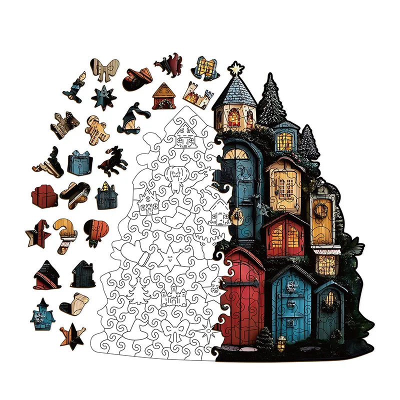 

212 шт., Рождественский эльф, нерегулярная деревянная головоломка, дверь эльфа, кусочки головоломки, игра для снятия стресса, подарок на день рождения, Рождество, копилка