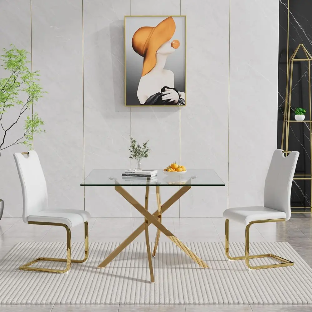 

Modern Glass Dining Table Set with 2 PU Upholstered Chairs for Kitchen or Dining Room