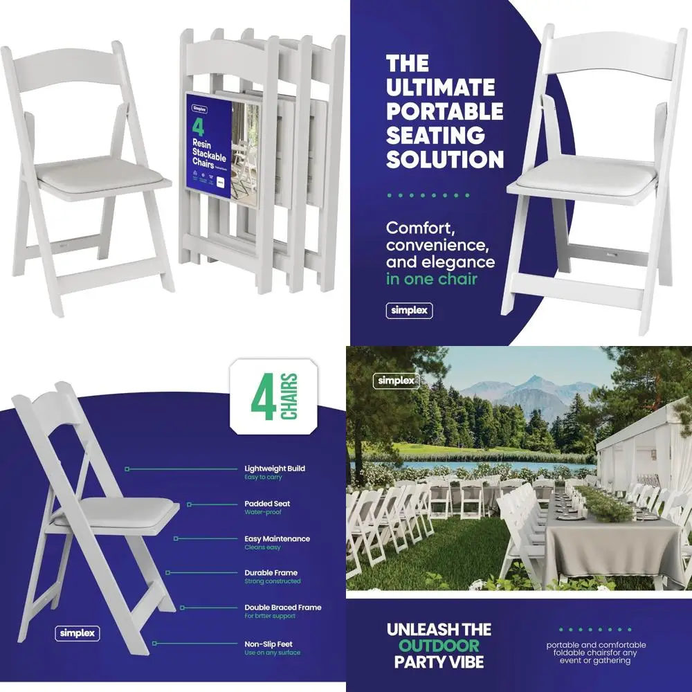 Resin Stackable Foldable Chairs with Padded Seats - Comfortable White Chairs for Indoor Use and Easy Storage