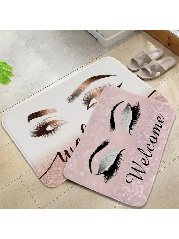 Rose Golden Glitter EyeLash Welcome Door Mat Sparkly Makeup Entrance Area Rugs Non Slip Washable Carpet for Home Bedroom Decor