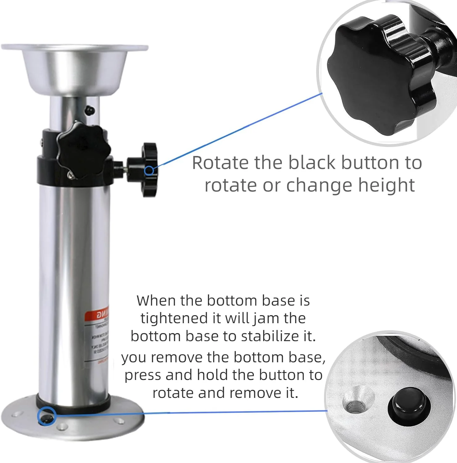 HWHongRV 3-Level Adjustable Aluminum Alloy RV Boat Table Pedestal Detachable Interior Telescoping Mount Frame with Stand Base