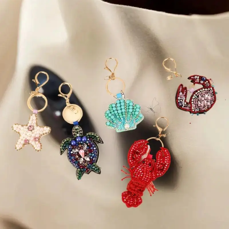 Gantungan Tas Berhias Batu Rhinestone Bentuk Lobster, Kerang Kepiting, dan Kura-kura, Jahitan Tangan Cantik, Aplikasi Tali Gantung untuk Tas