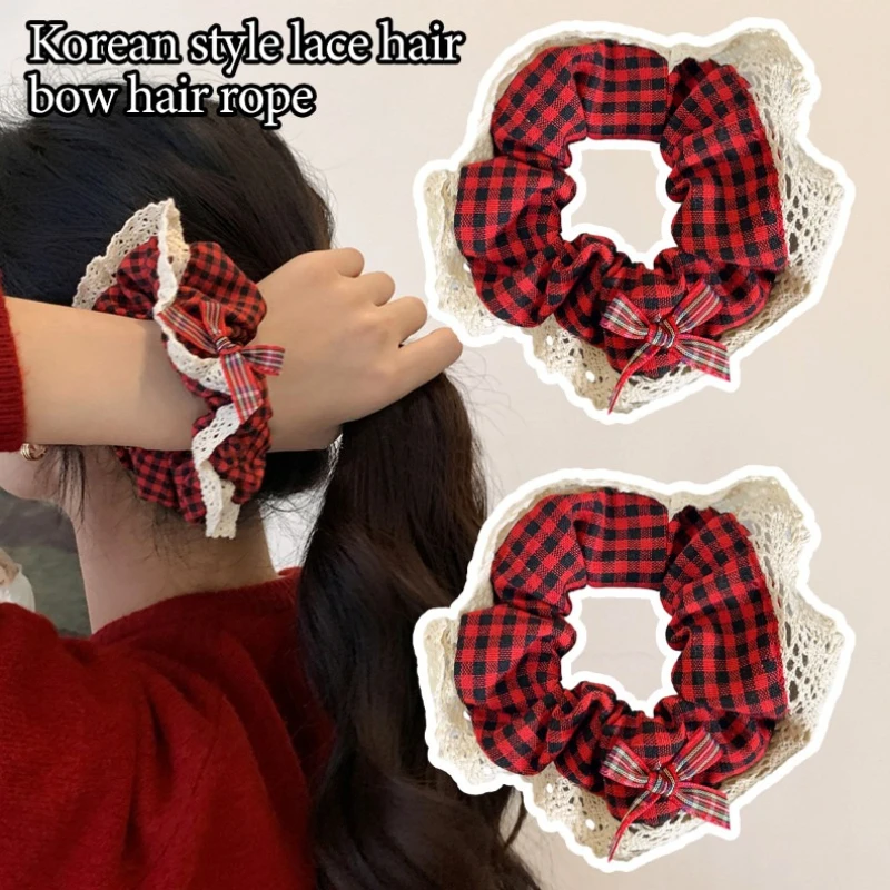 Lace Trim Plaid Scrunchies for Women Japanese and Korean Style Sweet Girls Hair Ties Fashion Hair Accessories Headwear Hairband