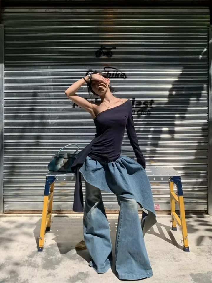 Women's Blue Y2k Skirt Jeans Harajuku Japanese 2000s Style Baggy