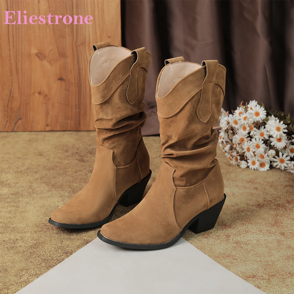 2026 Winter Fashion Women Mid Calf Boots Pointed Toe High Block Heels Lady Riding Shoes Large Small Plus Size 10 33 43 45