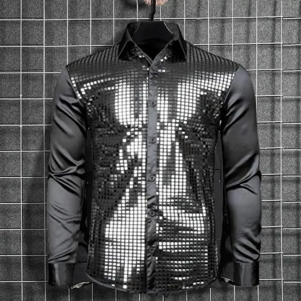 

Men's Shirt Club Dance Shirt Sparkling Sequin Lapel Single Breasted Slim Fit Long Sleeve Show Men's Solid Color Shirt Top
