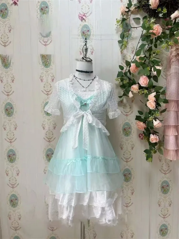 Conjunto de 2 piezas japonés Kawaii para mujer, Tops cortos de encaje + vestido de lunares, traje Retro esponjoso rosa elegante, verano 2025