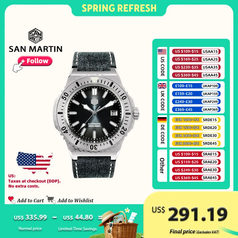 

San Martin 42mm Luxury Diver Watch PT5000 Automatic Mechanical Watches for Men With Sapphire 316L Stainless Steel 20Bar SN0055