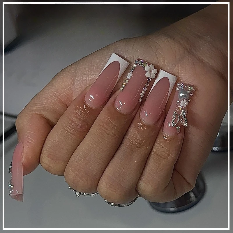 24 stuks glitter herfst nepnagels druk op nagels zoet gradiënt blauw lang vierkant volledige dekking vlinderbloem ontwerp Franse nageltips