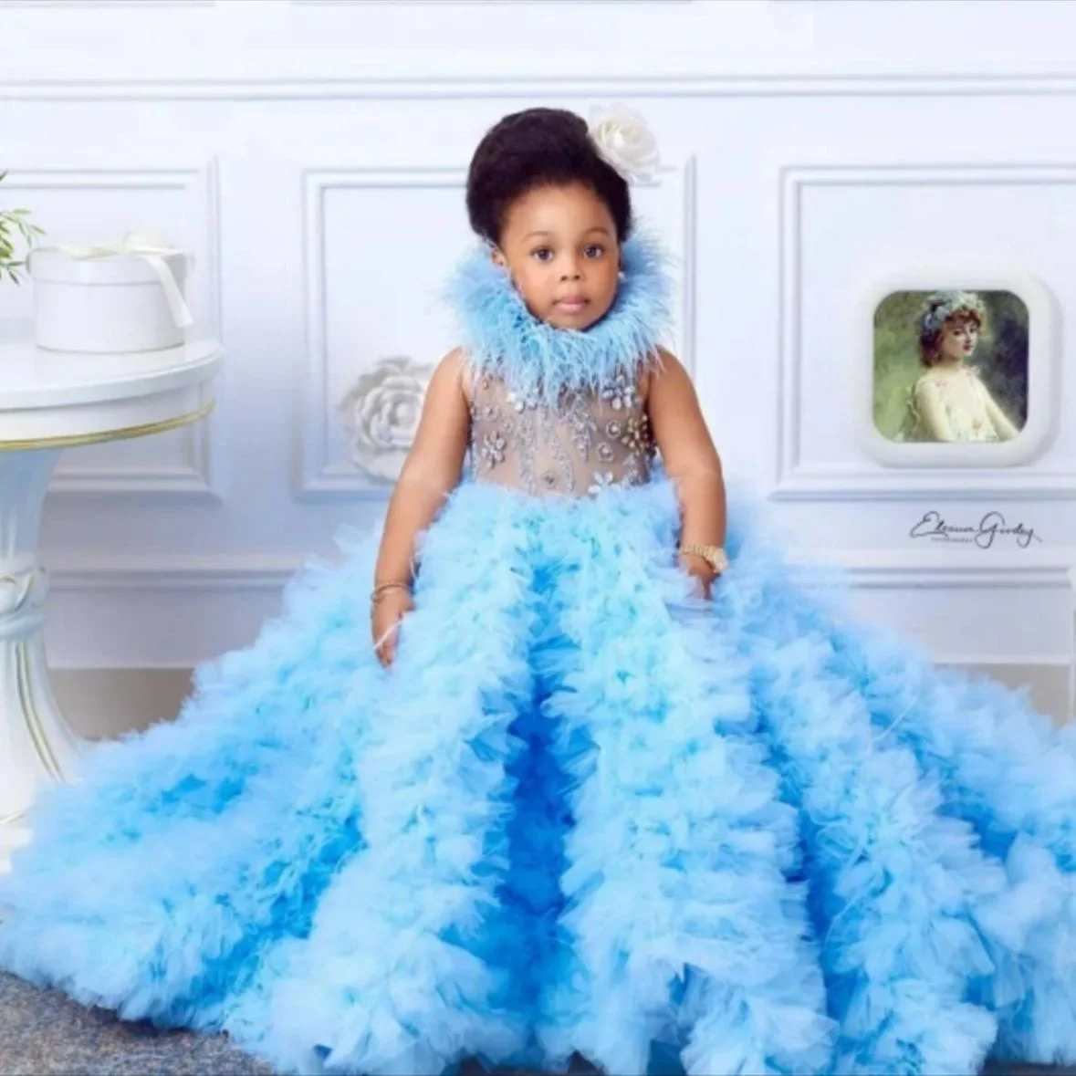 

Blue Layered Flower Girl Dress For Wedding Feather Puffy Sleeveless Beaded Baby Kids Birthday Party Ball First Communion Gowns