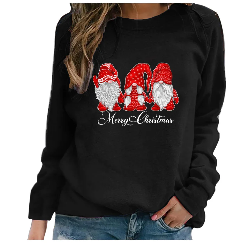 Women the Four Seasons New Crew Neck Pullover T-Shirt Santa Claus Printing Splicing Loose Casual Versatile Raglan Sleeves Tops