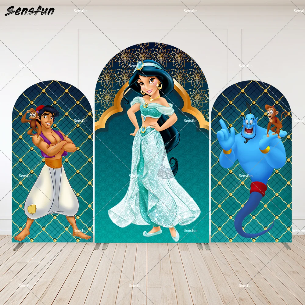

Disney Party Aladdin-themed Arched Wall Backdrop Dark Green Banner Genie Jamsine Girls Birthday Arch Cover Photo Background