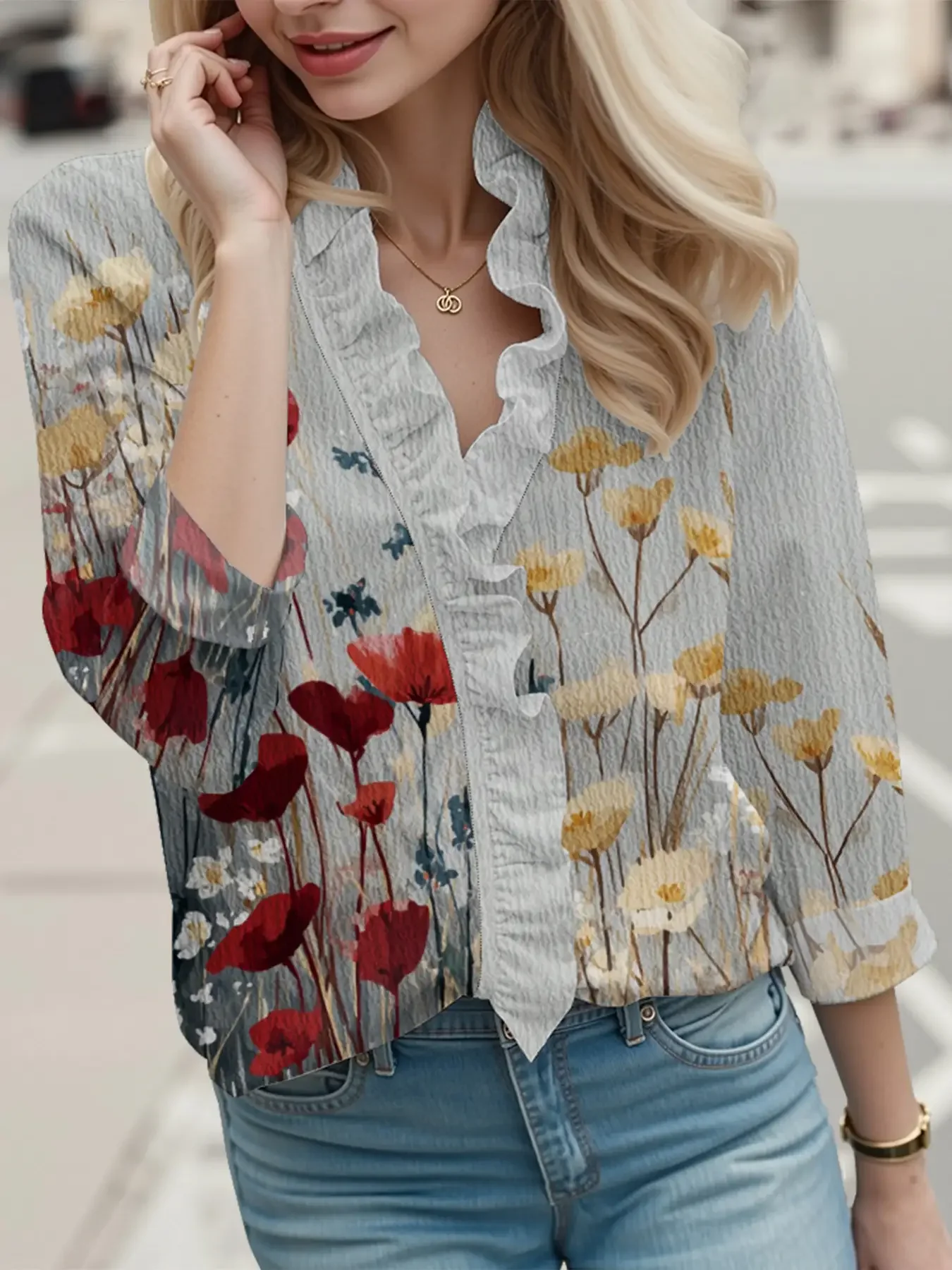 Autumn new V-neck casual top, women's long sleeved lace shirt, retro floral print design, Casual and Elegant Hoodie