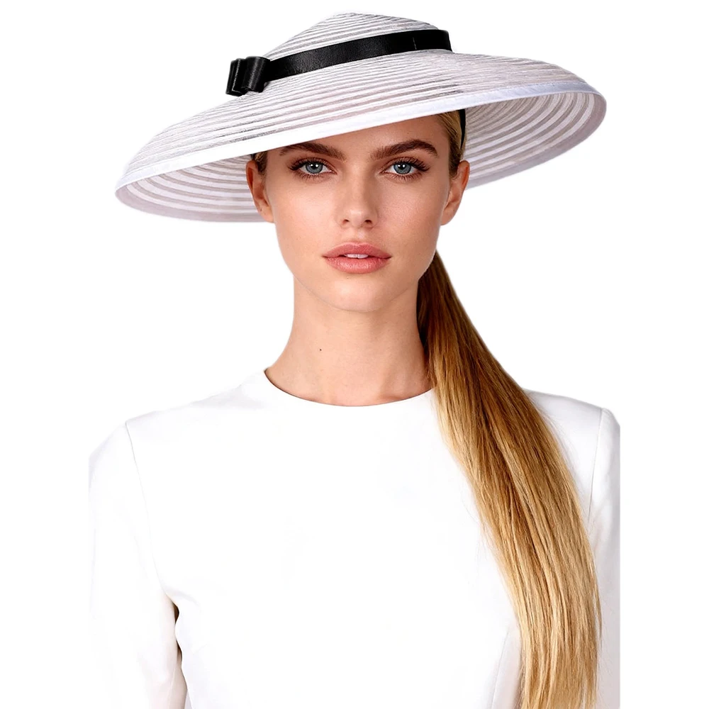 FS White Brown Summer Beach Sun Hats For Women Wide Brim Kentucky Derby Hat With Bowknot Tea Party Fascinators Cap Chapeau Femme