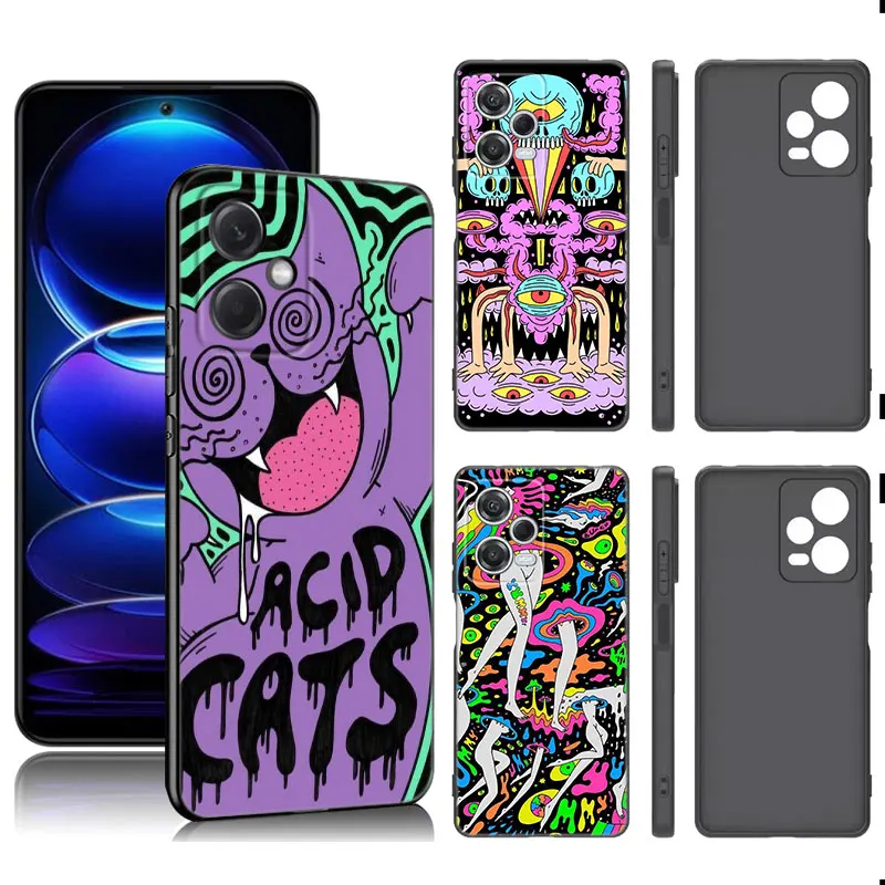 Colourful Psychedelic Trippy Art Black Silicone Phone Case For Xiaomi Redmi Note 9 10 11 11S 11T 12 13 Pro 5G Plus 9S 10S 12S