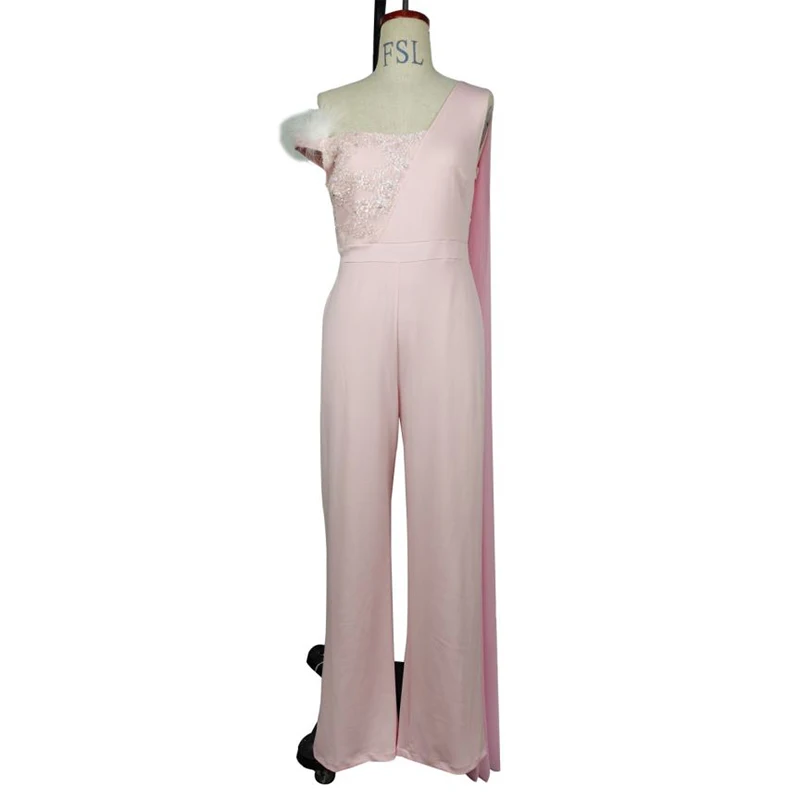 Elegant Women Feather Jumpsuit Evening Dress Sexy Pink Off Shoulder Sequins Lady Cocktail Dress Fashion Party Dress With Ribbon