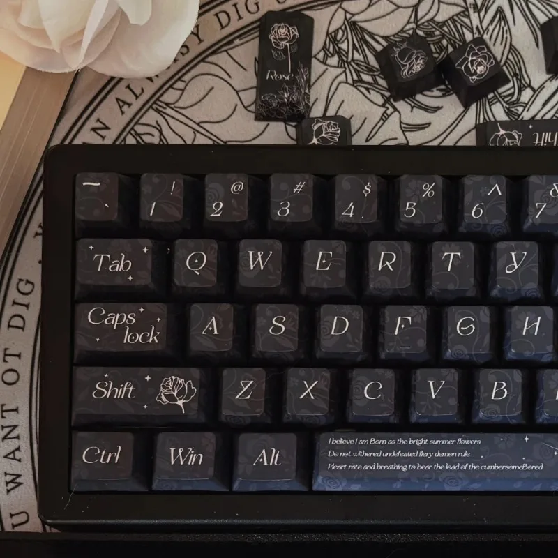 ECHOME Inkblack Rose Theme Keycap Set PBT Custom Gothic Keyboard Cap Cherry Profile Key Cap for Mechanical Keyboard Accessories