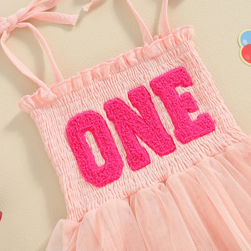 Infant Baby Girls Romper Dress Letter Embroidery Tulle Tie Spaghetti Strap Jumpsuit with Bow Headband 1st Birthday Set