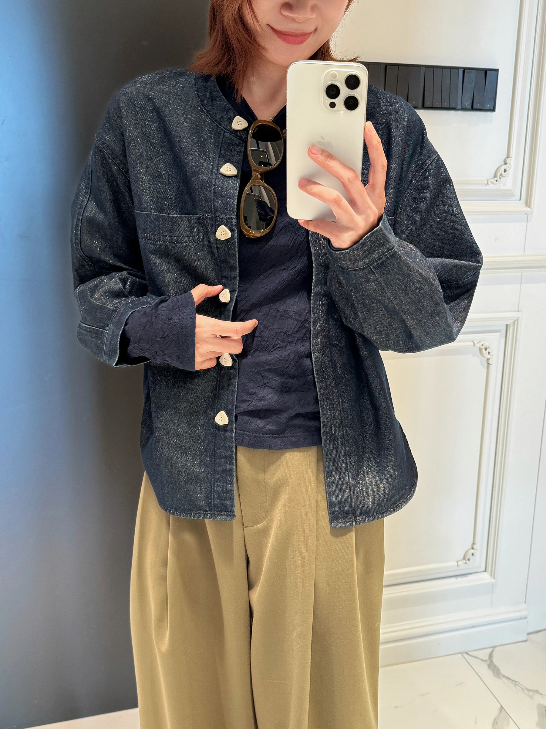 

Серебристая джинсовая куртка свободного кроя с круглым вырезом и пуговицами, тонкая, винтажная, весенняя, женская, устойчивая к деформации