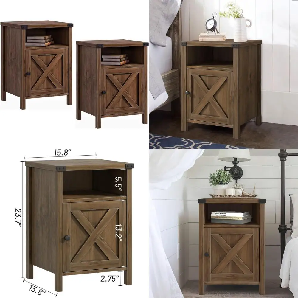 farmhouse, end table, nightstand, side table, set of 2 end table with barn door and shelf, rustic oak nightstand set of 2, bed