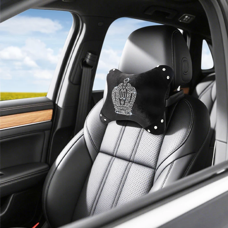 Car Seat Neck Pillow Rhinestone Crown Auto Headrest Seat Support Waist Pillows Headrest Cushion Plush Pillow Bling Car Accessor