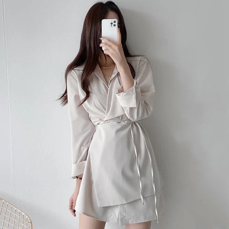 New Korean Chic Autumn Women Dresses Lapel Single-breasted Lace-up Irregularly Styled Shirt-style Dress and Short Skirt