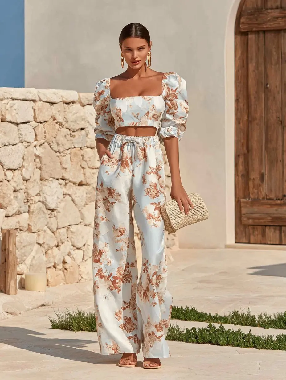 

Mia Muse Select Autumn Sets 2025 Women's Full Print Short Puff Sleeve Square Neck Crop-Top Wide Leg Draped Pants Daily Sets