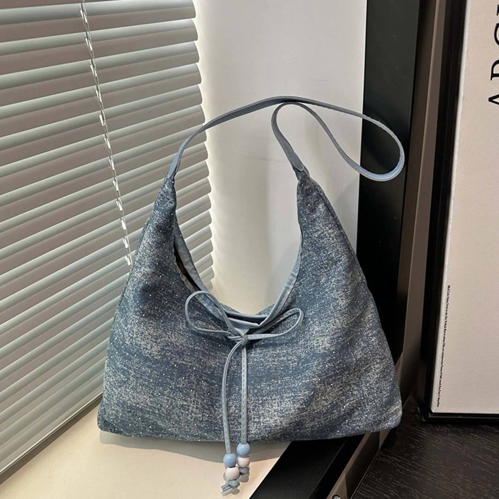 

Women Denim Tote Bag Large Capacity Contrast Color Handbag Shoulder Purse for Daily Commute Shopping Work