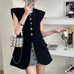 Hikigawa Early Autumn Chic Fashion Korean O Neck Blazer Vests Jacket Women Solid Slim Elegant Sleeveless All Match Tops Mujer