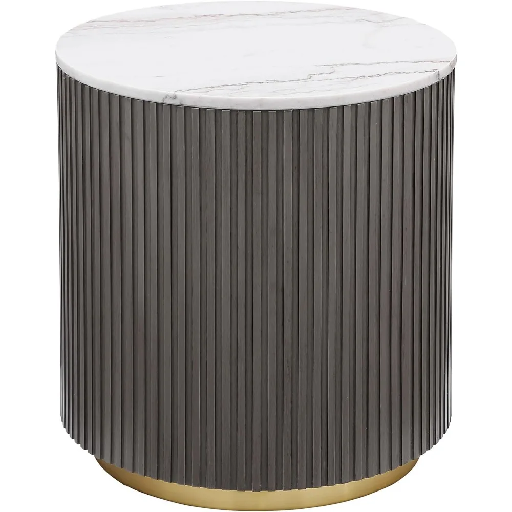 

Round Marble Top Side End Table with Gold Metal Base and Ribbed Design - Living Room - 22-Inch - White and Charcoal