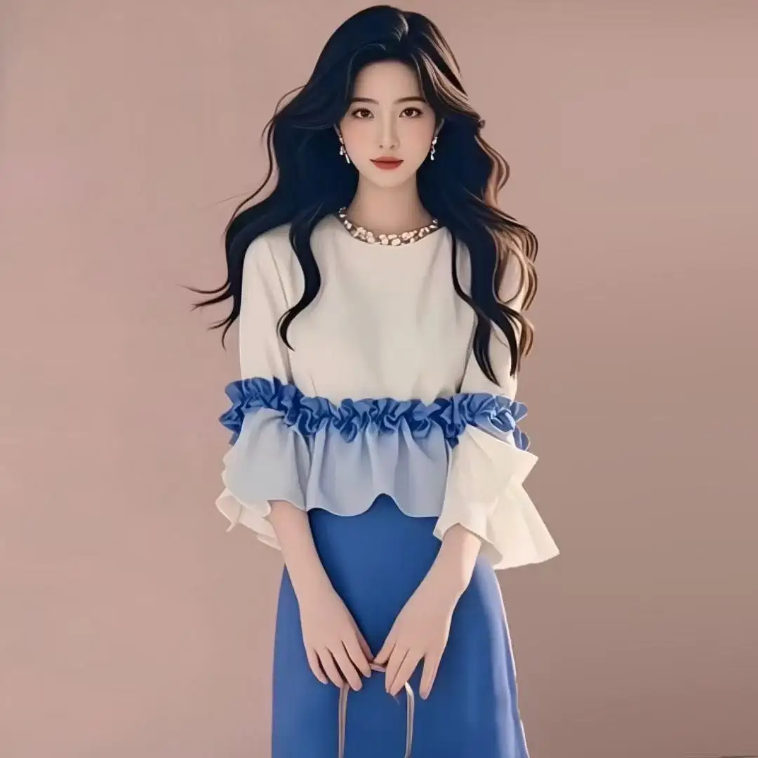 

French Elegant Fashion Suit Women's Spring New Beautiful Ruffle Top+Elastic Waist Simple Half Skirt Casual Two Piece Set