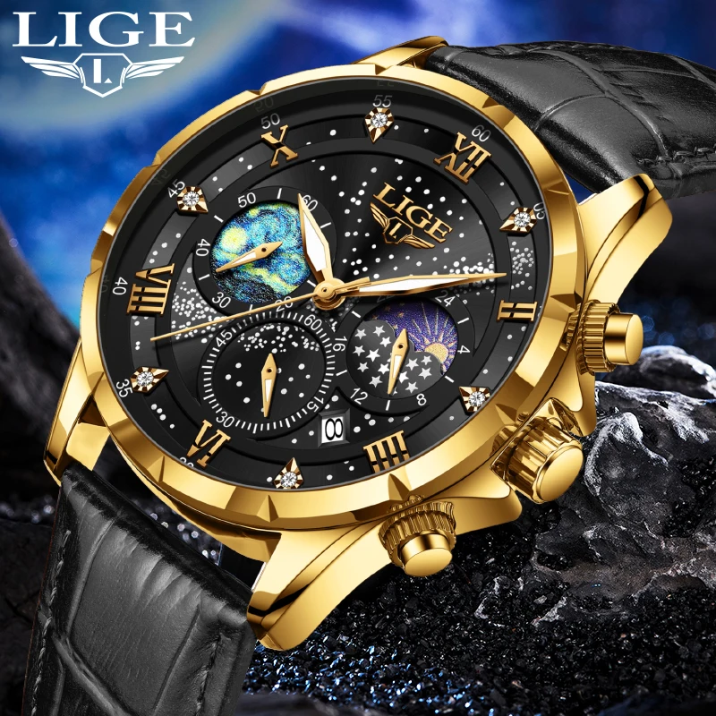 

New LIGE Luxury Leather Men Watches Fashion Genuine Watch For Men Casual Military Waterproof Luminous Quartz Chronograph Clock