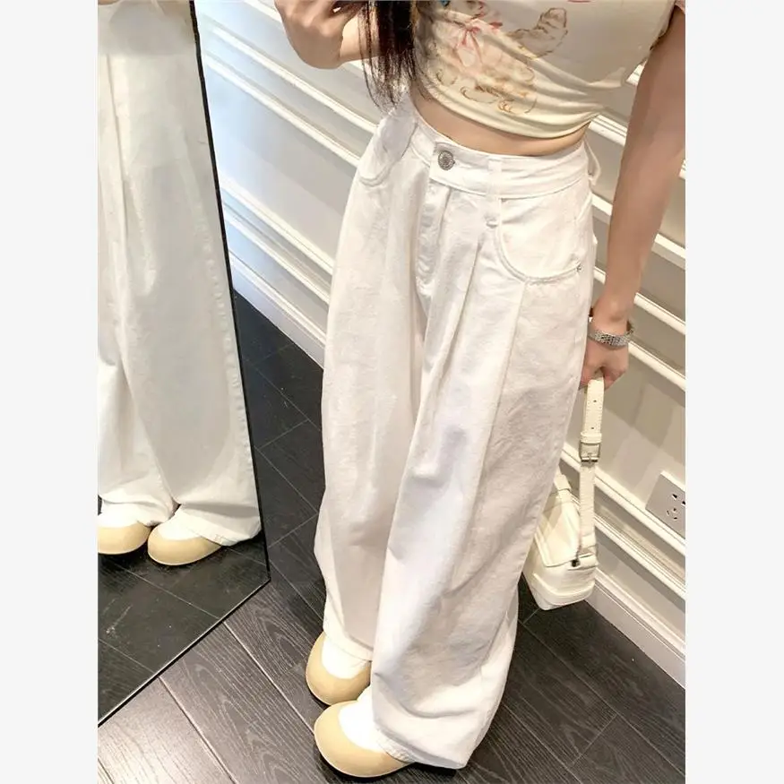 

High Waist Pleated Wide Leg Denim Jeans Women's White Loose Slim Straight Long Pants Spring Summer Small Size Visual Effect