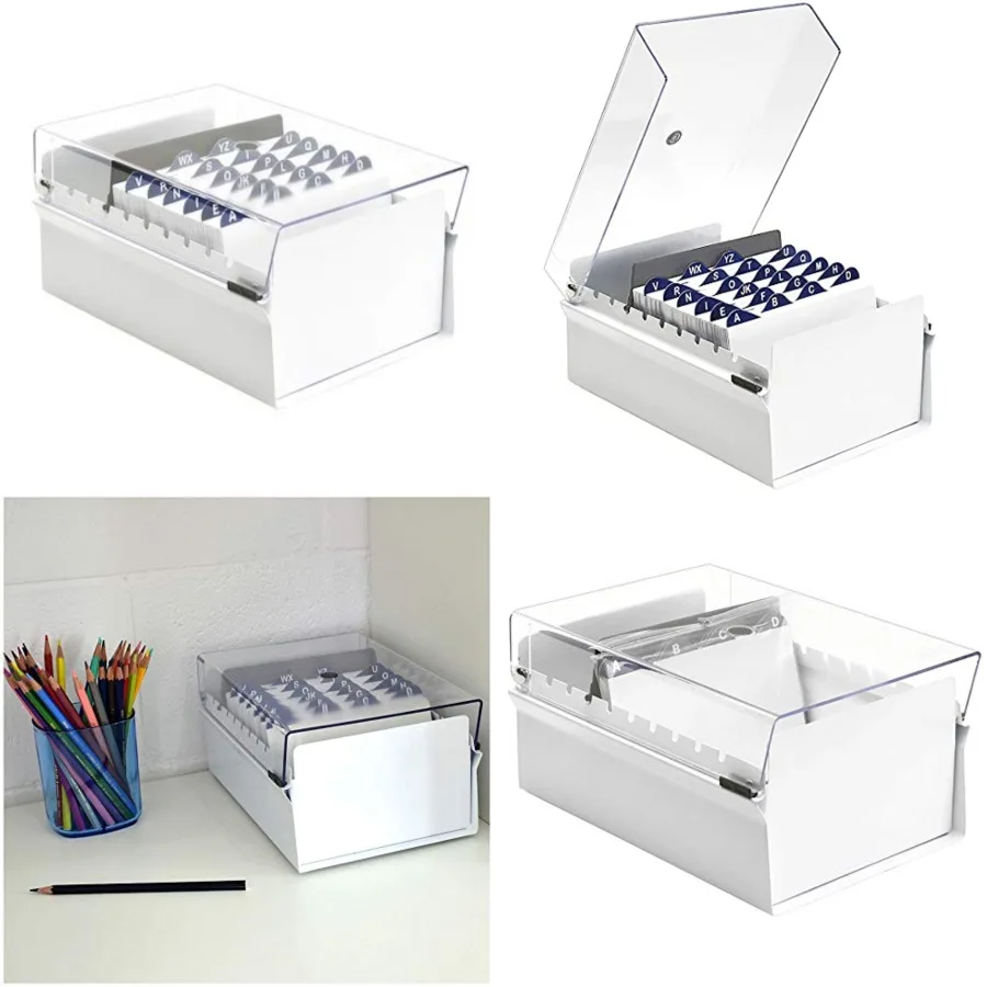 

4 x 6 Card File Holder Organizer Box Metal Base Heavy Duty AZ Index Cards and Divider Included (White Color with Clear Crystal