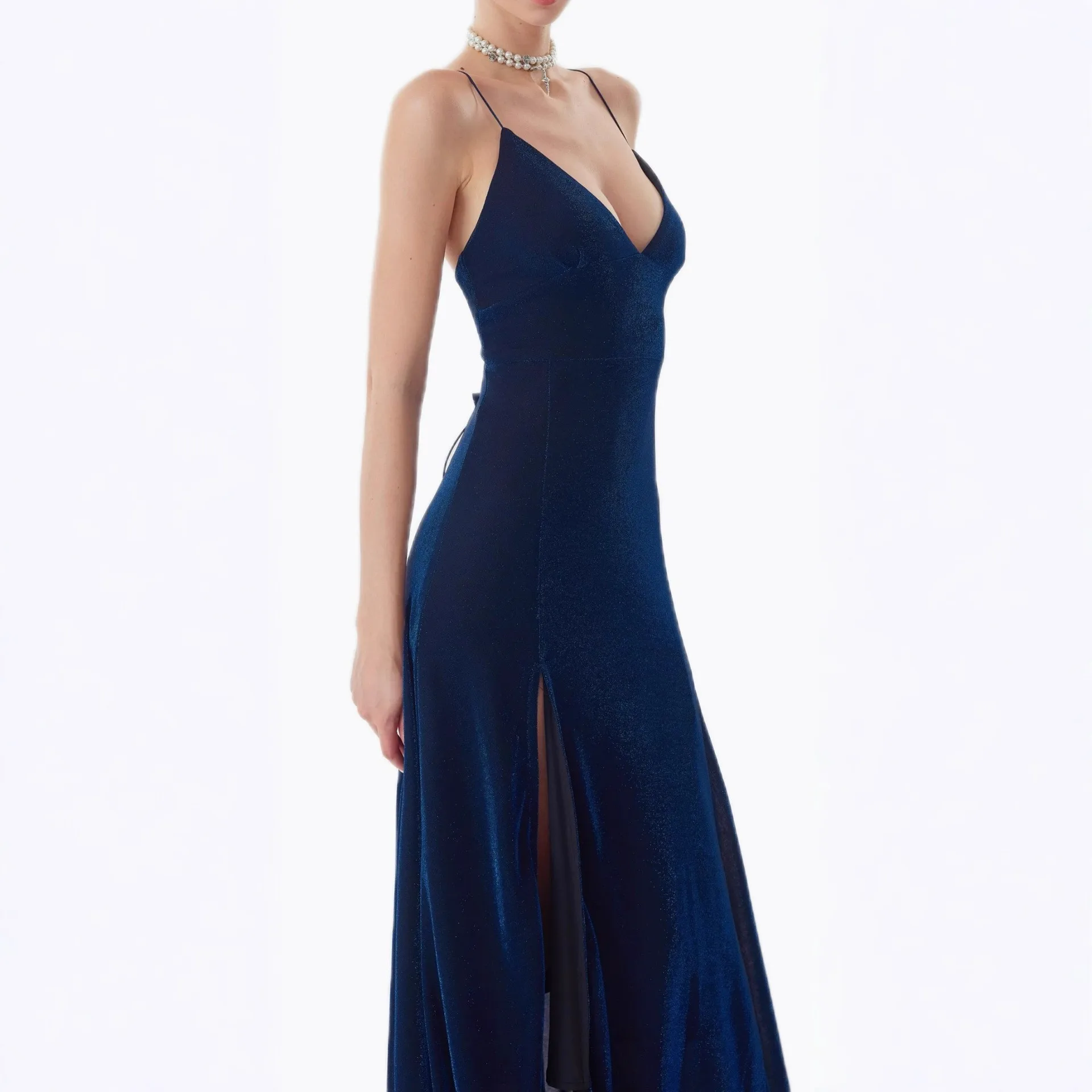 Vestido elegante azul oscuro para mujer, Espalda descubierta, Spaghetti con tirantes y cuello en V, Maxi Vestidos ajustados sin mangas, ropa de fiesta de noche para mujer
