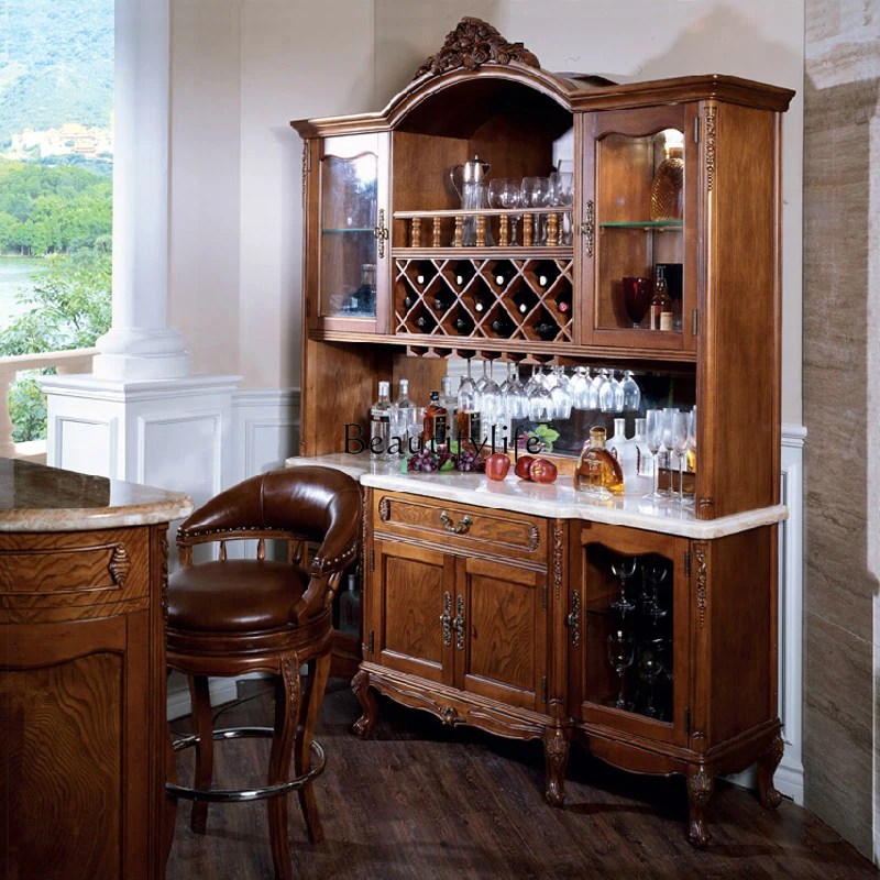 European solid wood wine cabinet American solid wood dining side storage marble cupboard