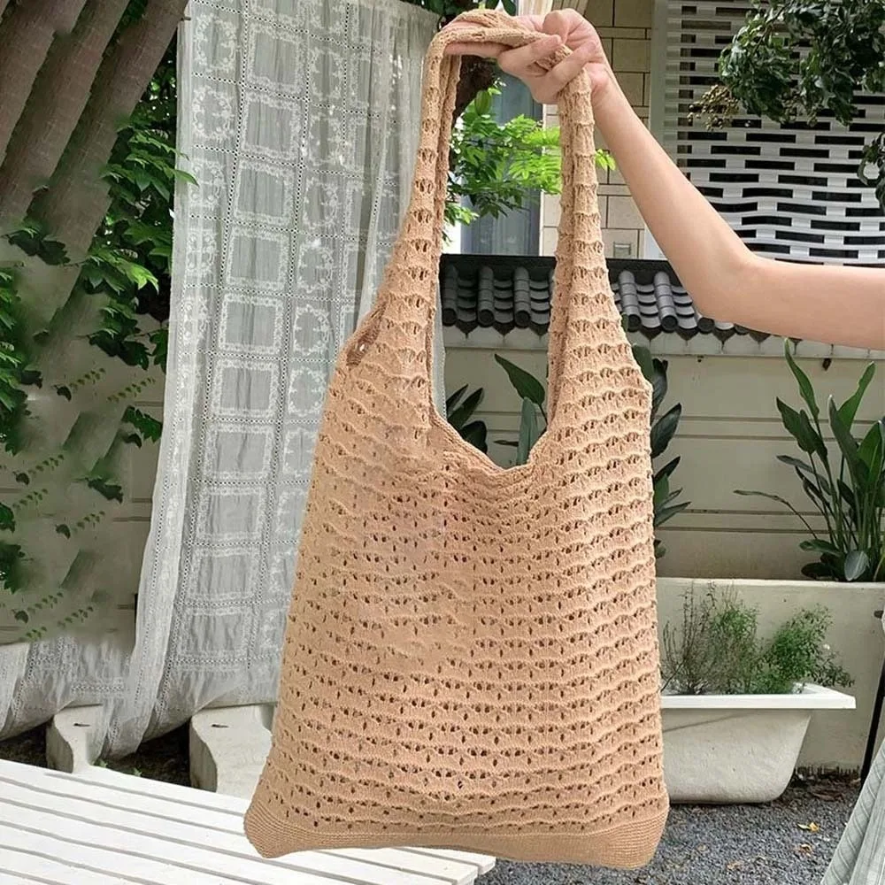 

Large Capacity Crochet Tote Bag Korean Style Lightweight Hollow Woven Shoulder Bag Solid Color Cotton Knitting Handbag Summer