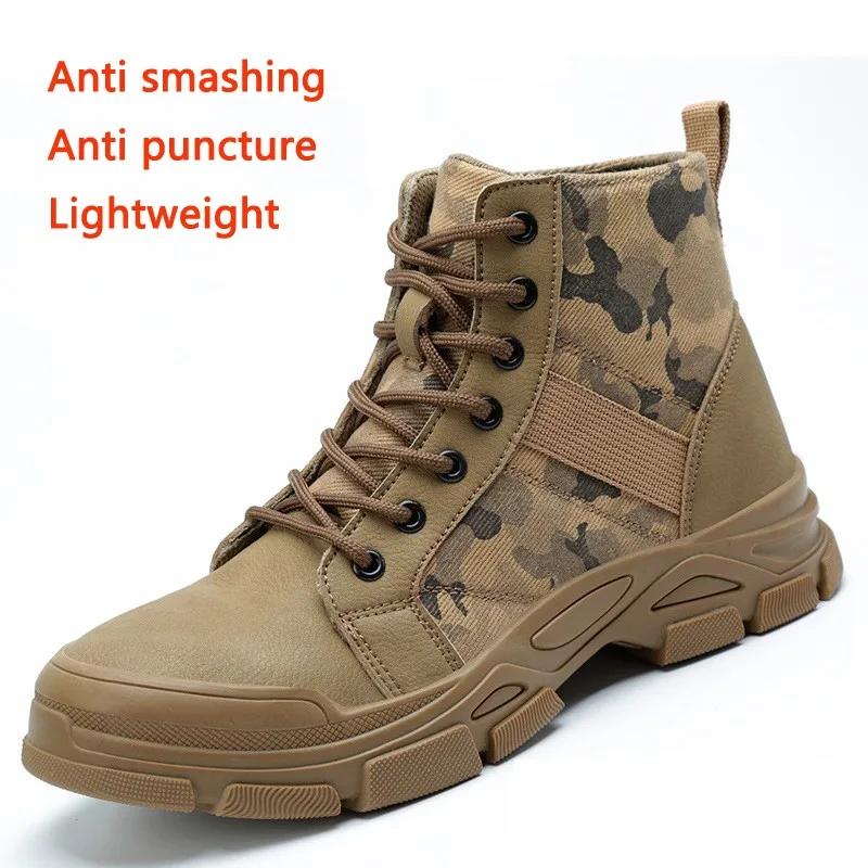 Fashion Camo Boots Safety Protection Shoes Men's Anti Impact Anti Puncture Wear-resistant Oxford Cloth Breathable Work Shoes