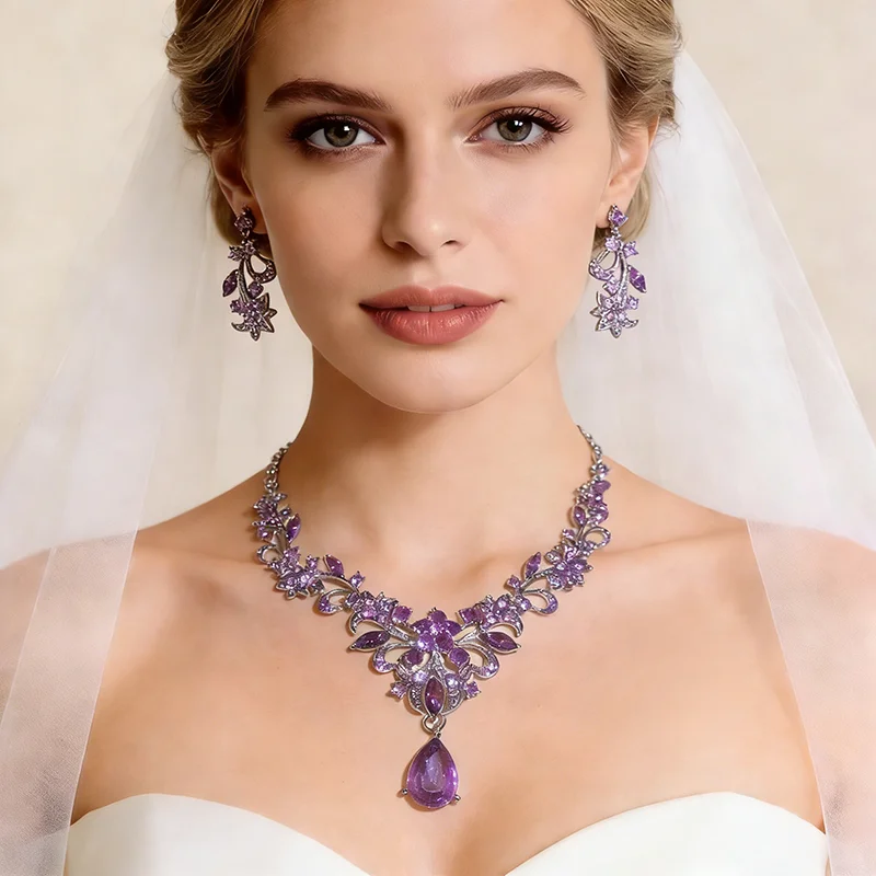 3 Colors Leaf Flower Rhinestones Chokers Necklaces for Women Droplet Zircon Dangle Earrings Lavish Wedding Collection Set A