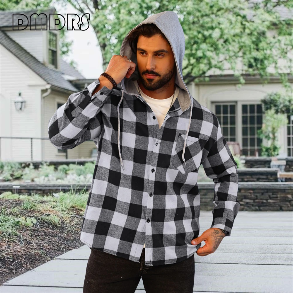 DMDRS - Men's Plaid Hoodie Shirt Jacket Long Sleeve Casual Flannel Button Shirts Autumn Plus Size Big Man Jacket Hot Dealing