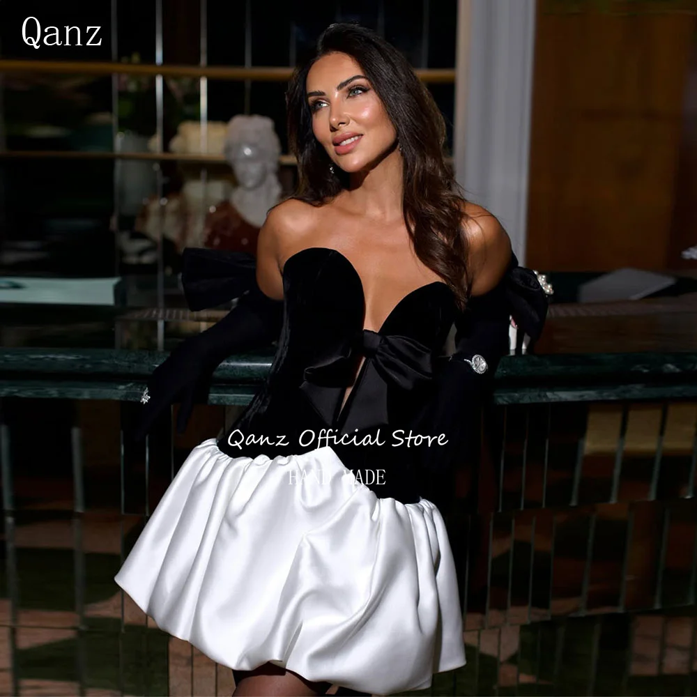 

Qanz Classic Black Prom Dresses Velvet Sweetheart Short Pageant Dresses for Women Mini A Line Vestidos De Graduación Customized