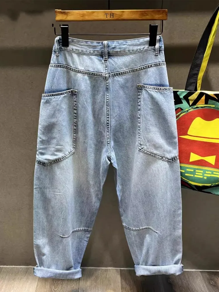 High Street Men Summer Thin Loose Fit Harem Pants Casual Jeans Comfortable Big Pockets Cowboy Cargo Trousers Vintage Denim Pants