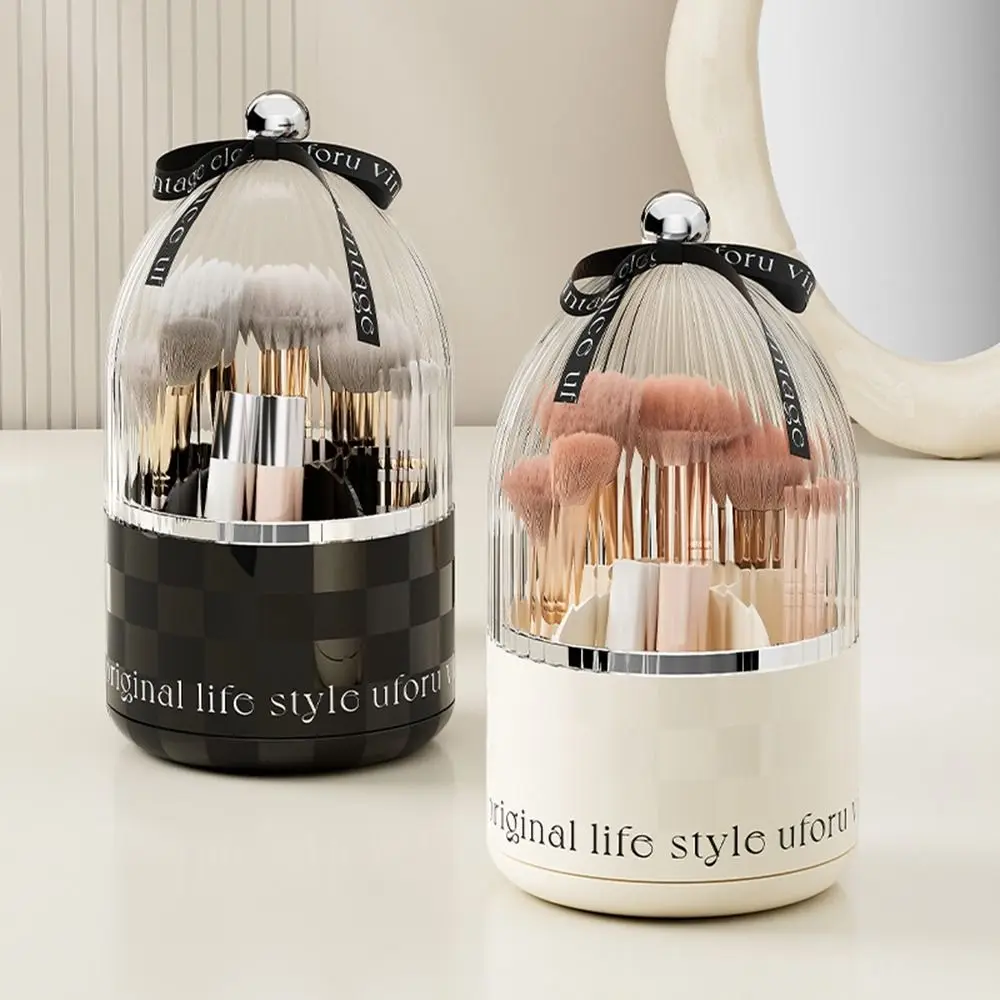 Plastic 360 Rotating Makeup Organizer Large Capacity Dustproof 6 Slot Cosmetic Storage Box with Lid Makeup Brush Holder Vanity