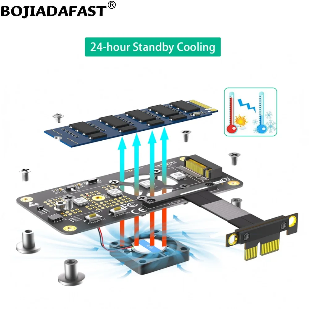 고속 데이터 케이블 포함 냉각 선풍기, PCI-E 3.0 1X-NGFF M.2 Key-M 2230 2242 2260 2280 M2 NVME SSD 컨버터 어댑터 카드, 5cm