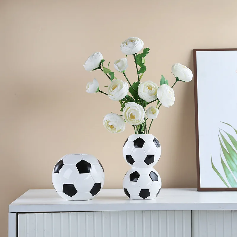 Football Shaped Ceramic Vase Soccer Ball Flower Pot Desktop Fresh Dried Flower Sports Theme Home Decor Ornament