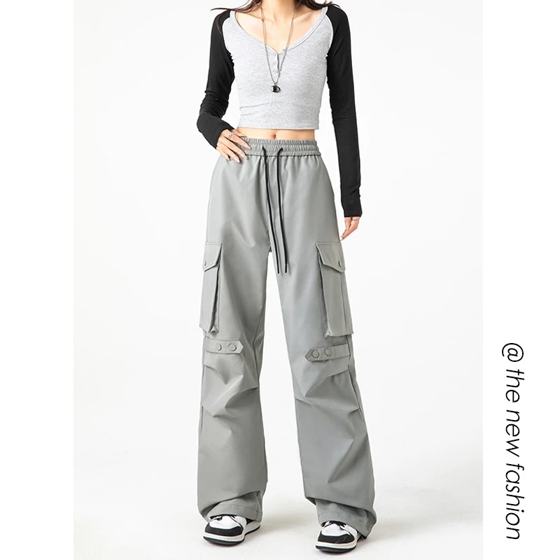 

Japanese Retro Women Y2K Cargo Pants Casual Baggy Sweatpant Kpop Wide Leg Drawstring Waterproof Oversize Female Pockets Joggers