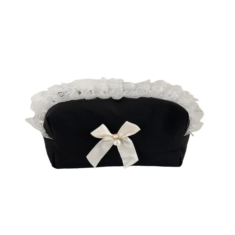 Schwarze Spitzen-Schleifen-Kosmetiktasche mit großer Kapazität, Reise-Kosmetik-Organizer, niedliche koreanische tragbare Tasche für Frauen – Detail 11