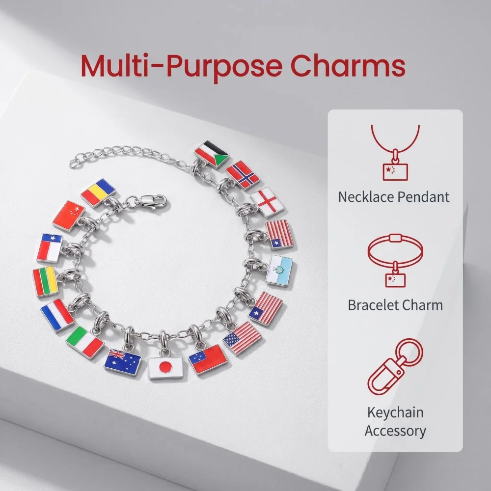 Country Flag Charms Bracelet Necklace Bagchain Pendants With Lobster Clasp Stainless Steel DIY Commemorative Flag Gift Jewelry