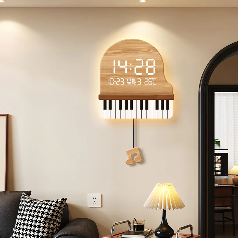 

Log wind piano wall clock living room silent wall clock digital display electronic clock 2025 new cartoon perpetual calendar