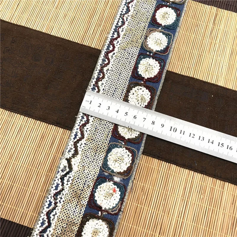 Embroidery Denim Fabric with Sequins Lace, Sewing Trim Ribbon, Ethnic Tribal,Thai, Boho,Gypsy, DIY Christmas Decoration, 1 Yards